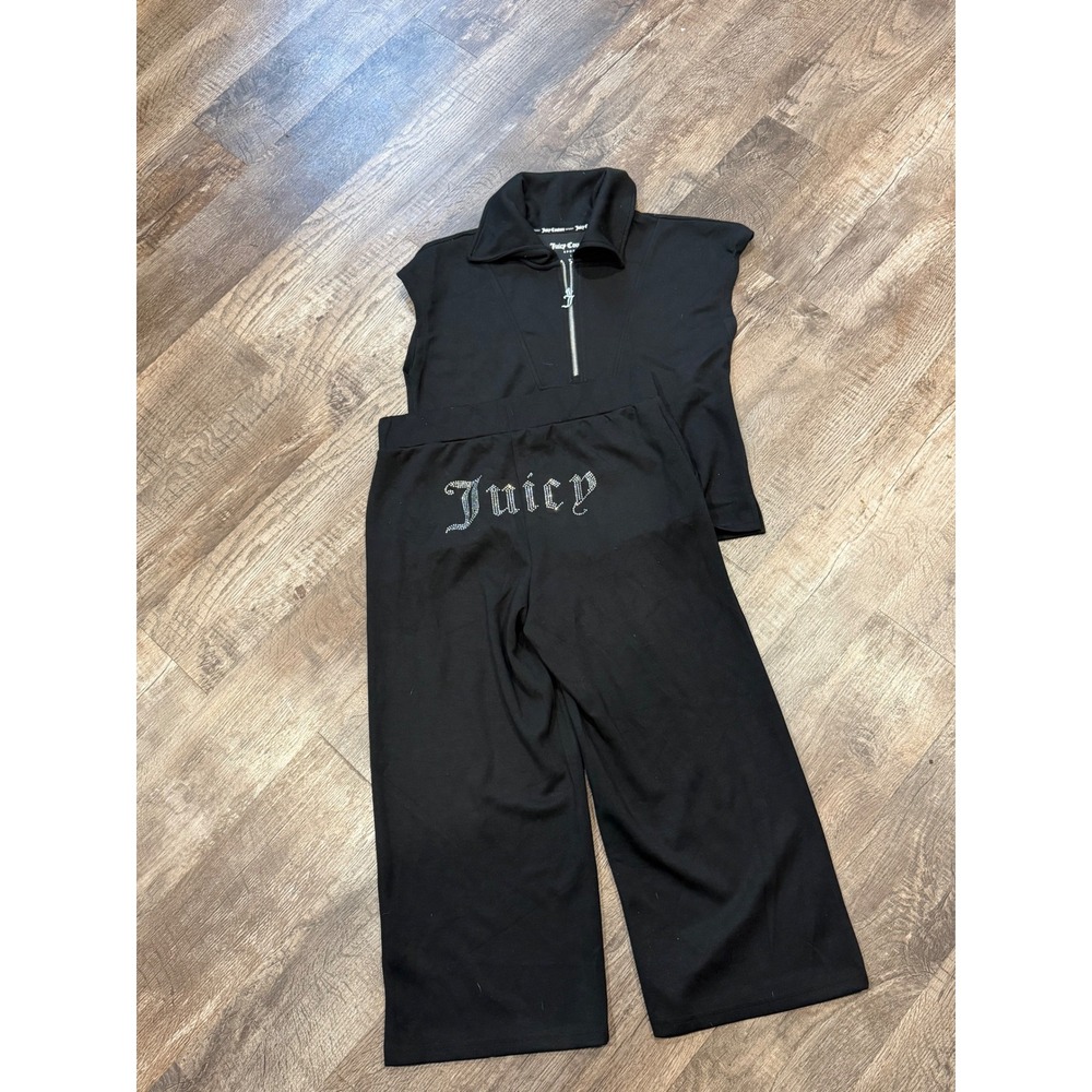 Juicy Couture Sport Black Rhinestone Logo Quarter Zip Top & Wide Leg Pants Set L